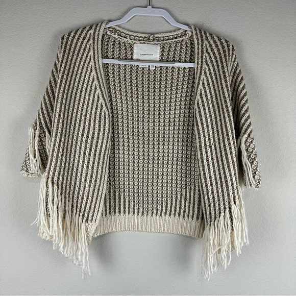 Anthropologie Gold White Striped Knit Fringe Short Sleeve Open Cardigan One Size - Picture 1 of 7